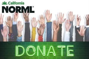 A diverse group of raised hands under the California NORML logo. Below, the word "DONATE" is written in neon green letters. CA Norml