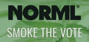 Image with the acronym "NORML" in bold, black letters at the top, and the phrase "SMOKE THE VOTE" in white, capitalized letters below it. The background features a close-up image of green cannabis leaves. Don't miss the California Cannabis Voter Guide for the 2020 Election on November 3. CA Norml