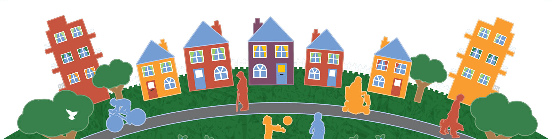 Vector image of people outside a row of houses and flats