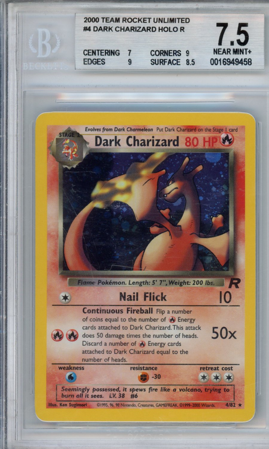 2000 Pokemon Team Rocket Unlimited Dark Charizard HOLO R #4 BGS 7.5 ...