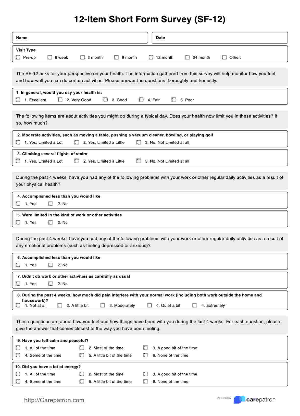 12-Item Short Form Survey PDF Example