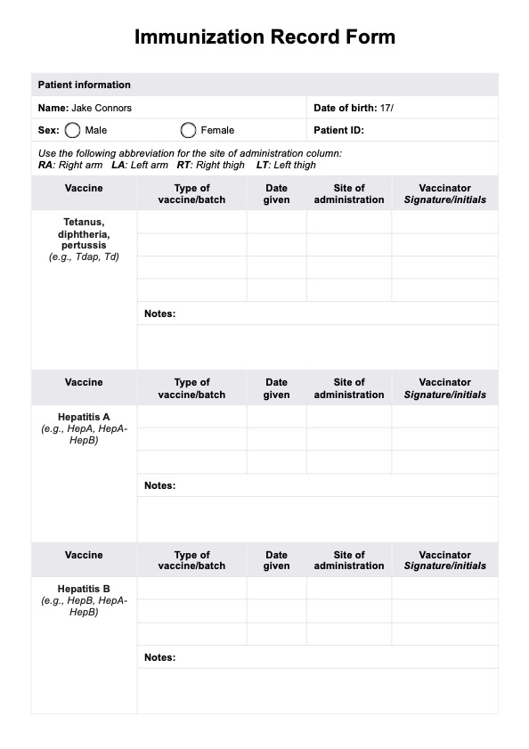 Immunization Record Form PDF Example