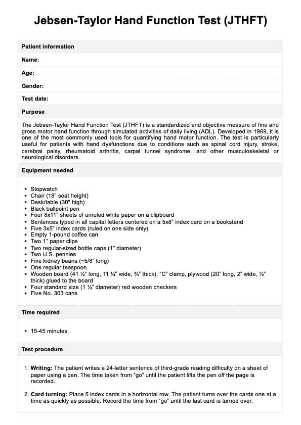 Jebsen-Taylor Hand Function Test PDF Example