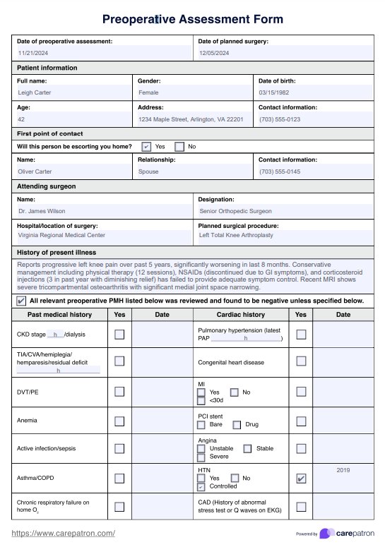 Preoperative Assessment Form PDF Example