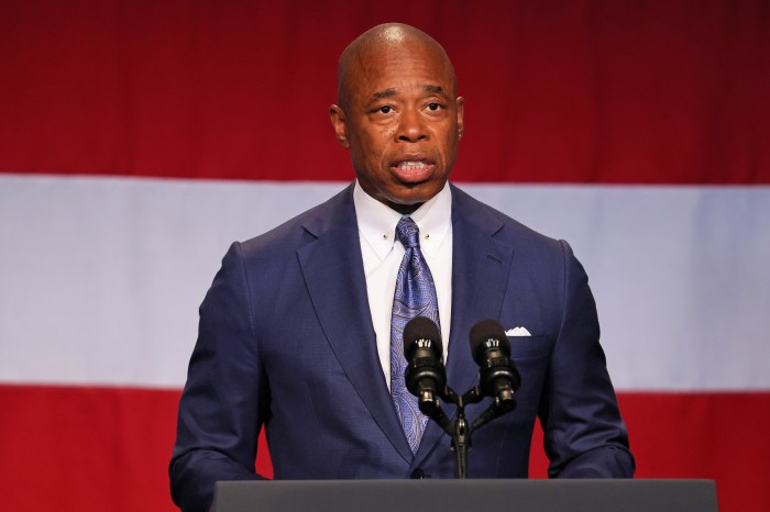 Mayor Eric Adams speaks at the Billie Holiday Theatre in Restoration Plaza on July 28, 2022 in the Bedford-Stuyvesant neighborhood of Brooklyn borough in New York City