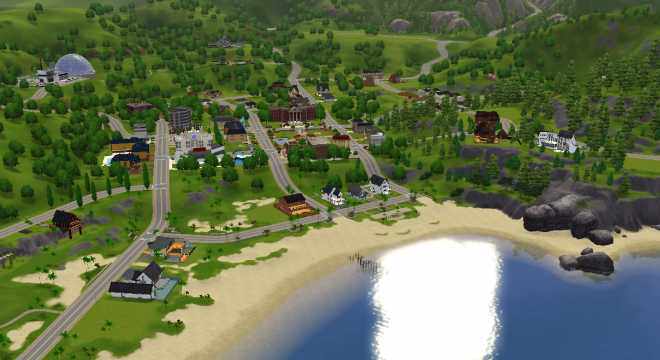 The Sims 3 - A view of Sunset Valley's Downtown area. A large portion of the town is visible in the screenshot