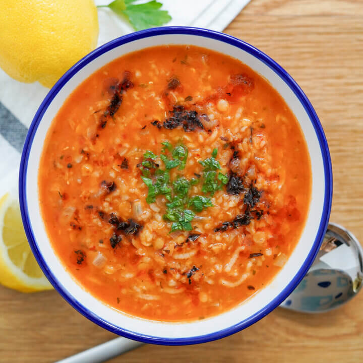 bowl of ezogelin soup Turkish lentil bulgur soup from overhead.