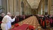 Pope Francis addresses cardinals and senior Vatican officials during his annual Christmas speech to the Roman Curia, Dec. 22, 2024