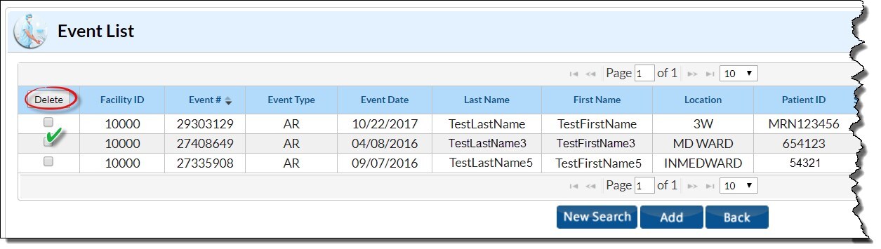 The Event List screen shot shows the list of Antimicrobial Resistance event records resulting from a search