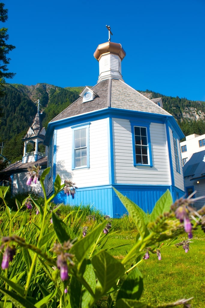 White and blue exterior of St. Nicholas Russian Orthodox Church