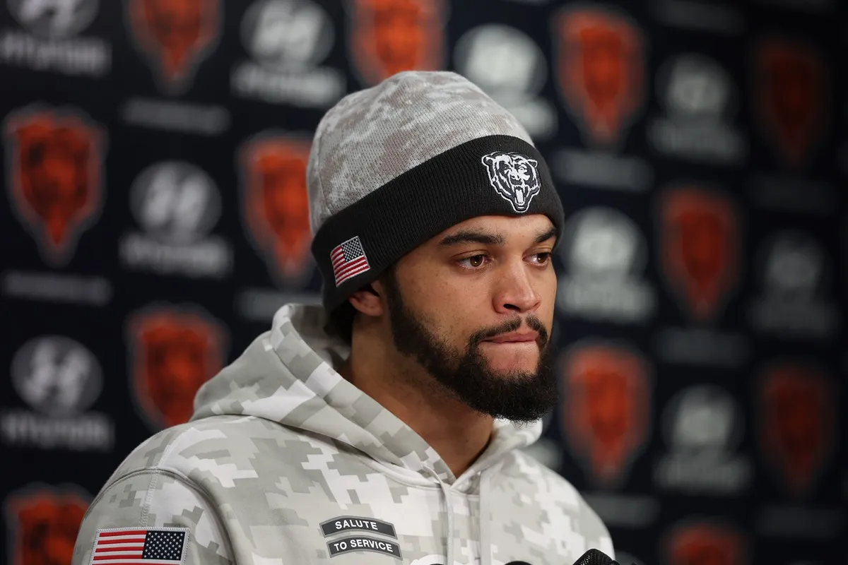 Caleb Williams speaks with the media during a news conference at Halas Hall on Nov. 13, 2024, in Lake Forest, Illinois.