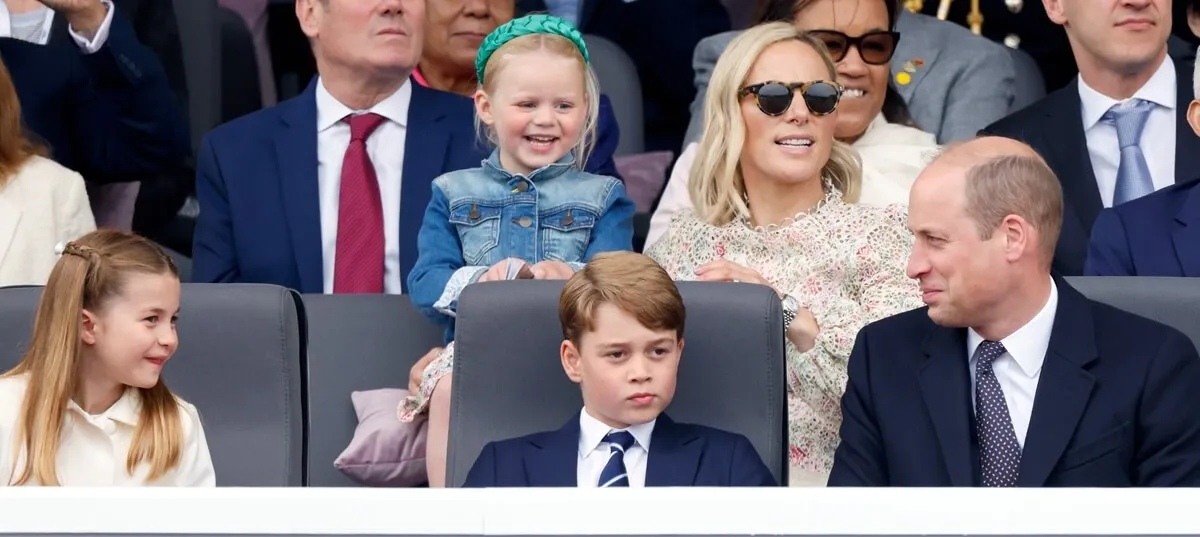 Princess Charlotte, Lena Tindall, Prince George, Zara Tindall, and Prince William during the Platinum Pageant in London