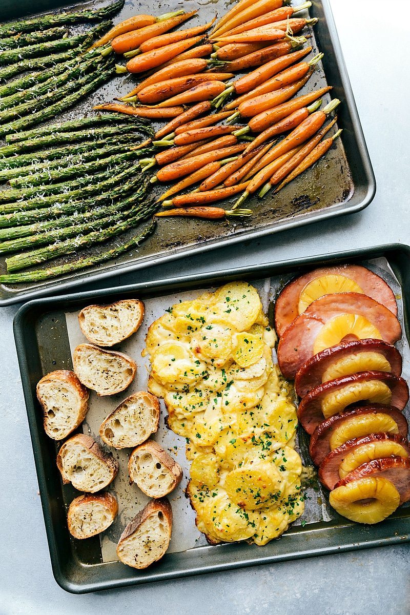 Image of all the food on two sheet pans cooked