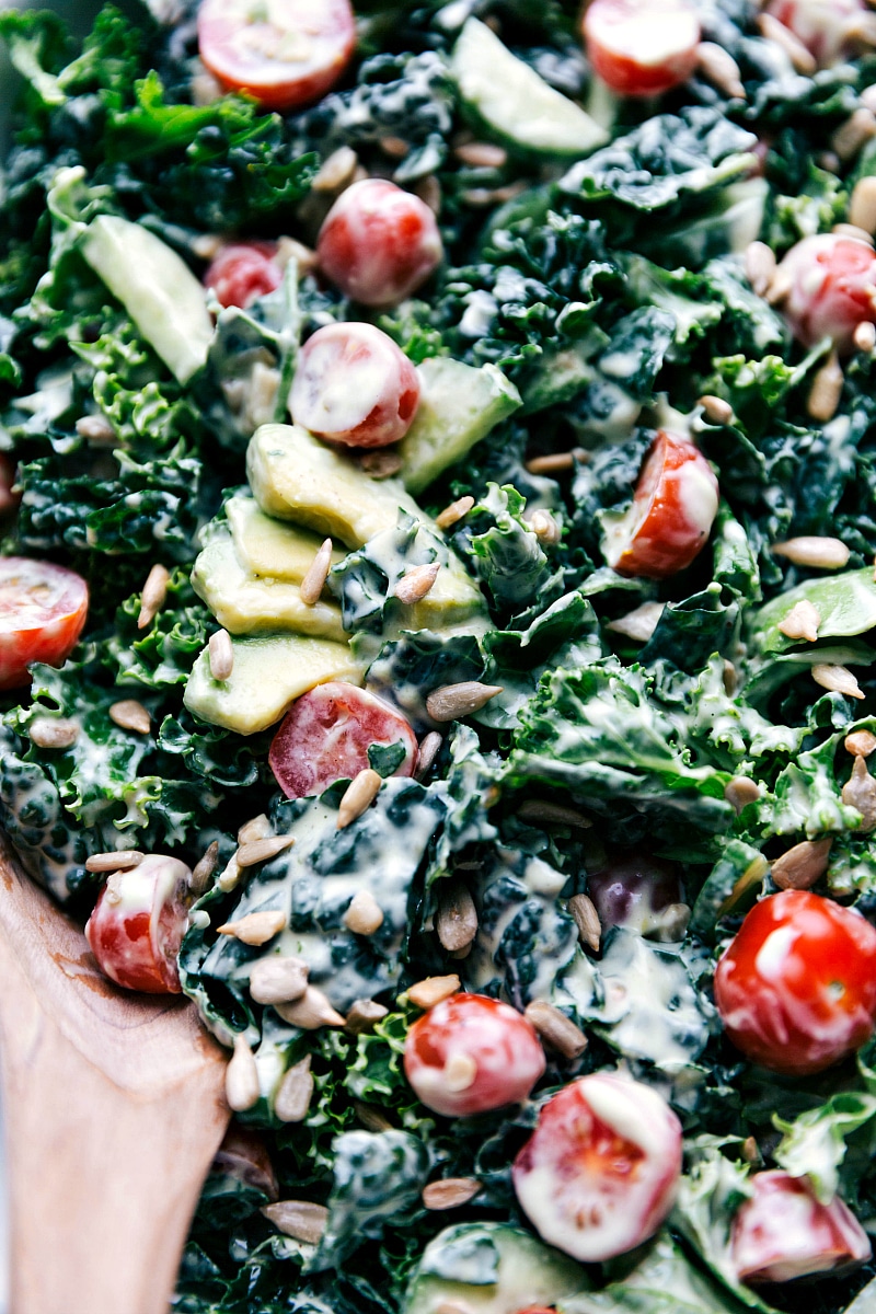 Mouth-watering kale salad with avocado, presented beautifully and ready for serving.