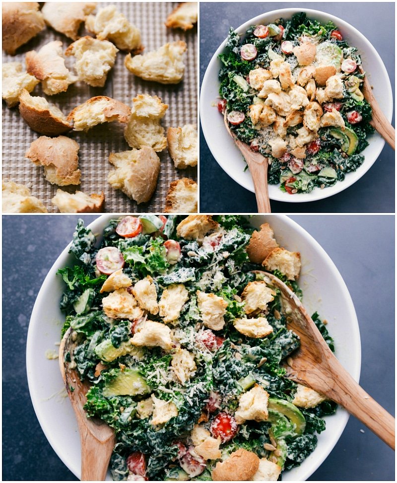 Homemade croutons golden and crispy from baking, ready to be sprinkled over the salad.