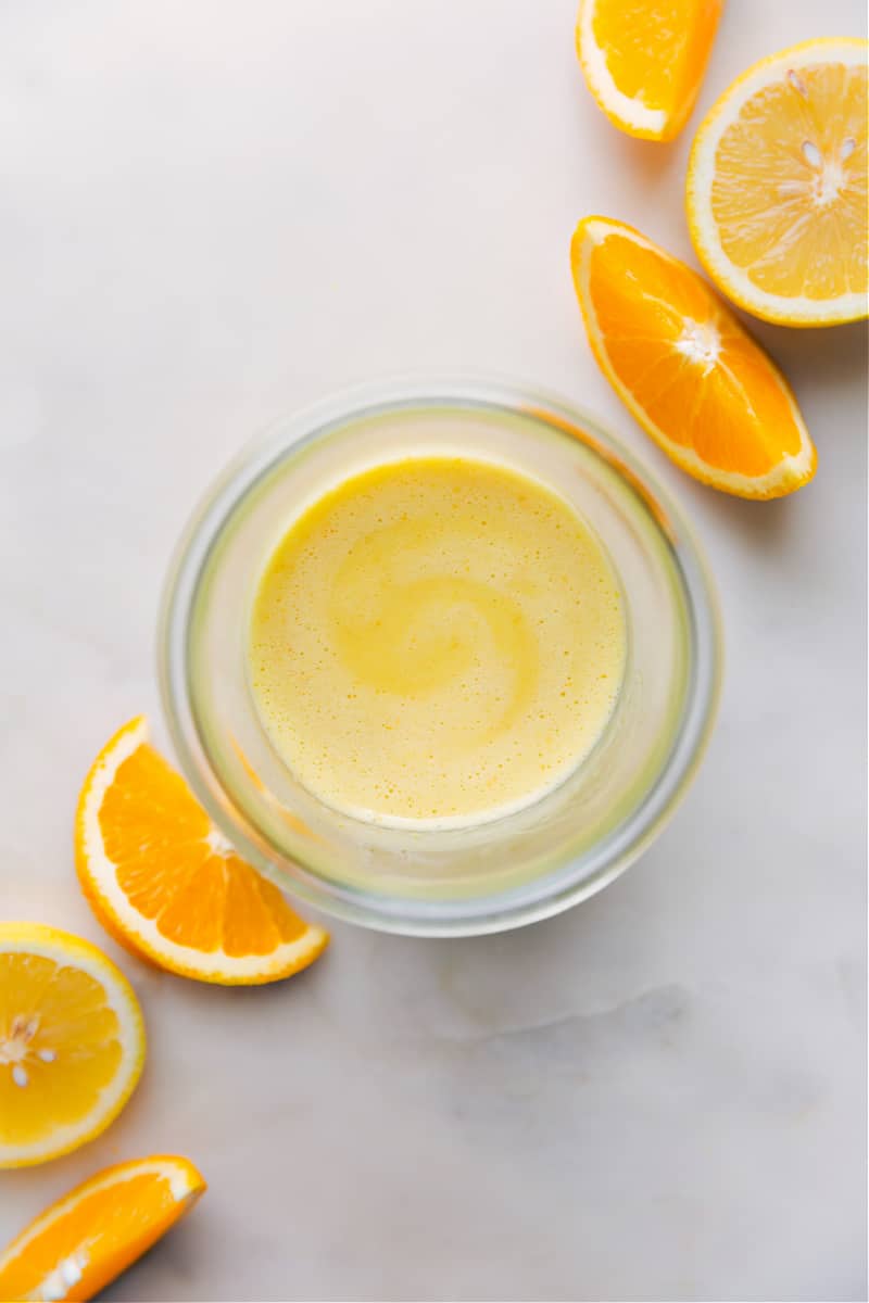 Overhead image of the Citrus Vinaigrette in a jar