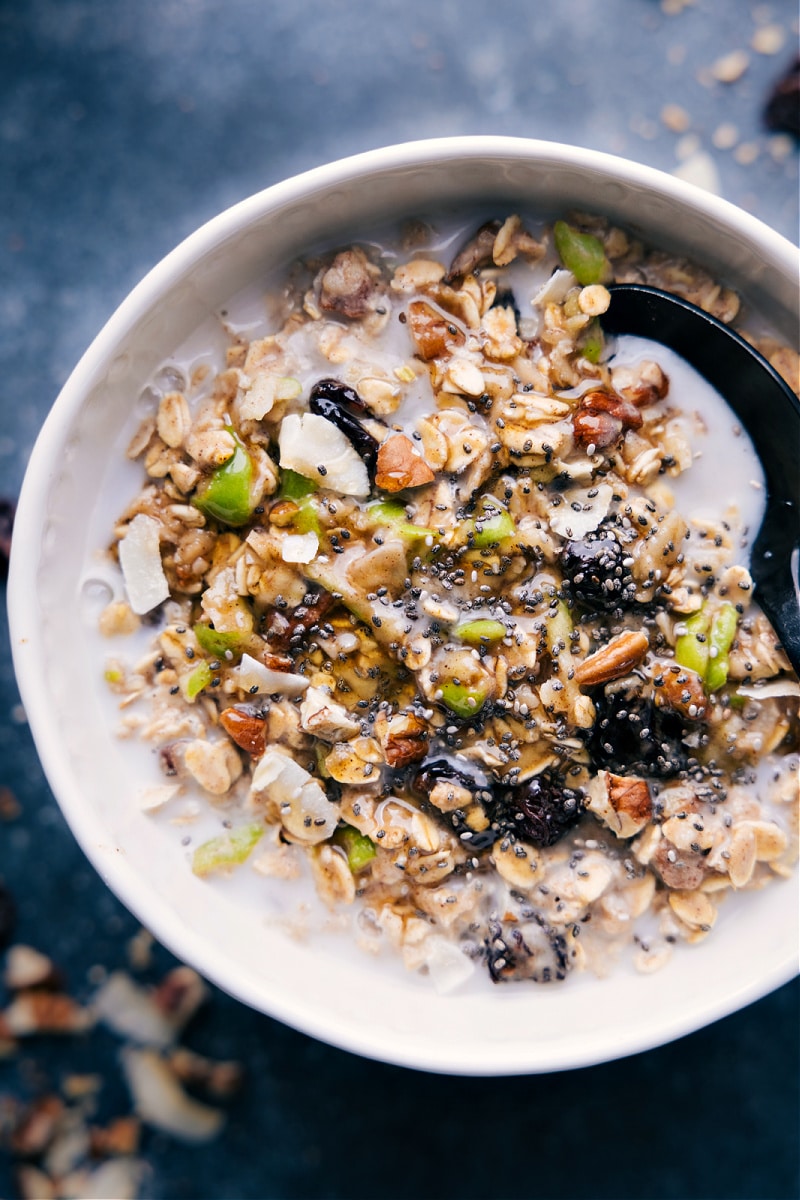 Up-close overhead image of the Bircher Muesli in a bowl