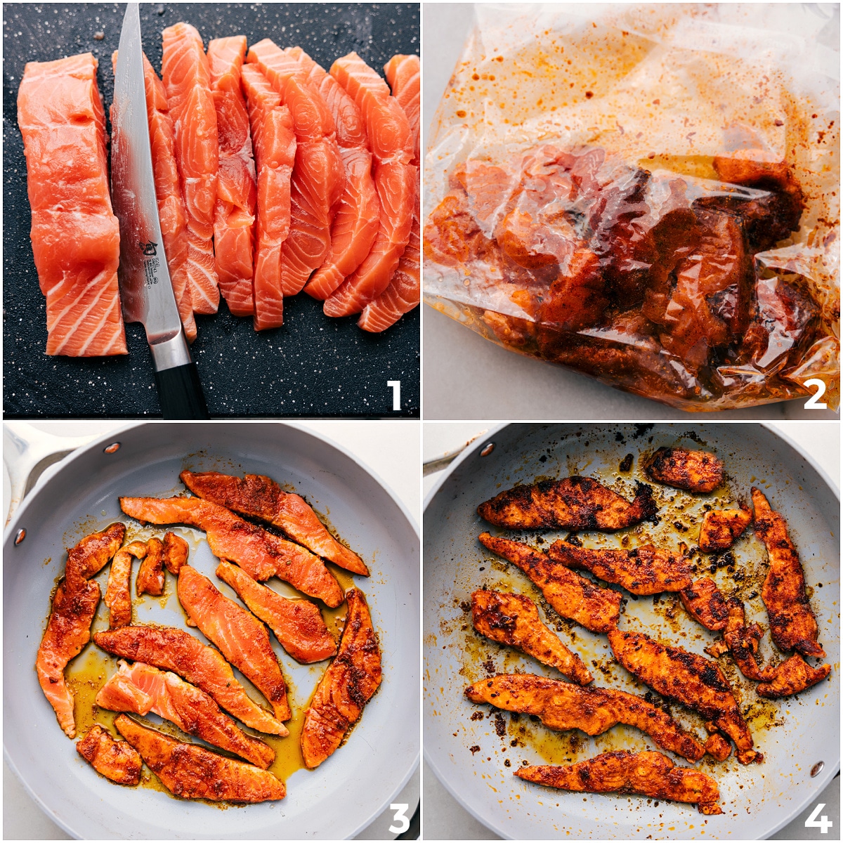 The salmon being sliced, marinated, and cooked up in a skillet for these Mojo Salmon Bowls.