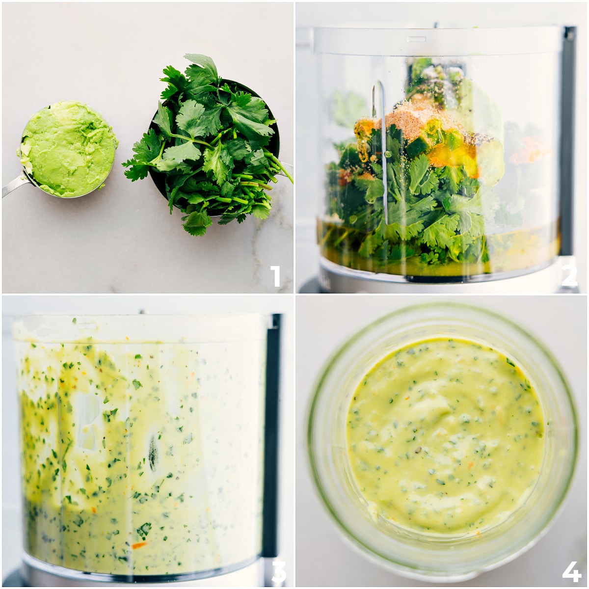 The dressing/sauce being pulsed together for this recipe.