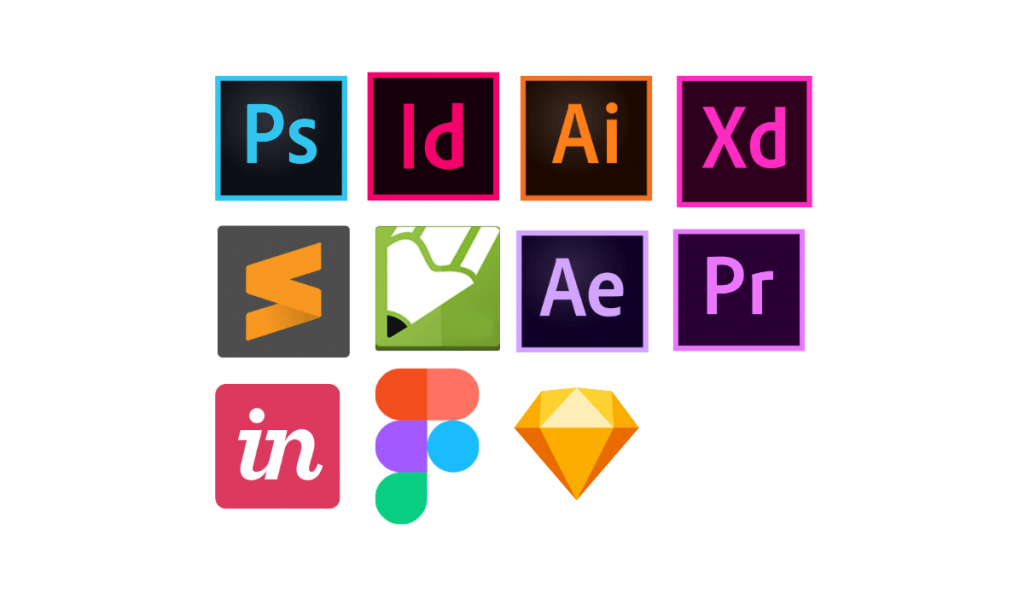 logo das ferramentas Photoshop, Illustrator, Corel Draw, InDesign, After Effects, Premiere, Figma, Adobe XD, Invision, Sketch e Sublime Text.