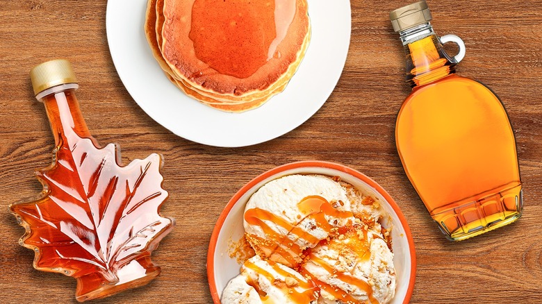 composite image of maple syrup bottles and pancakes