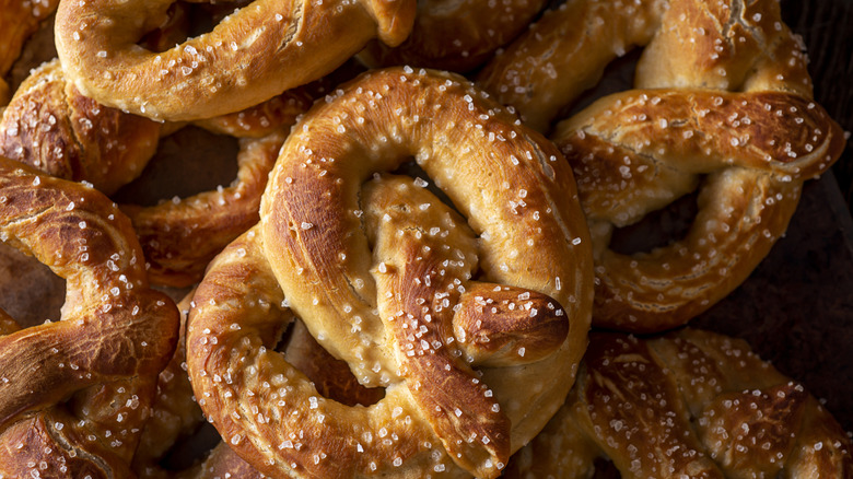 Salted soft pretzels in a pile