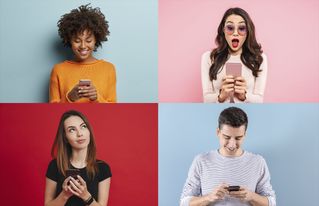 Collage of four young adults holding their phones with their hands.