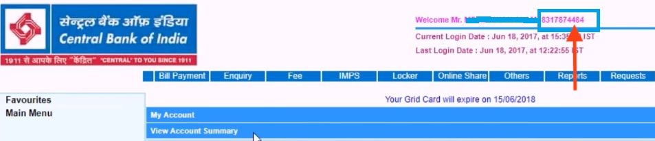 cif number of central bank of india in net banking