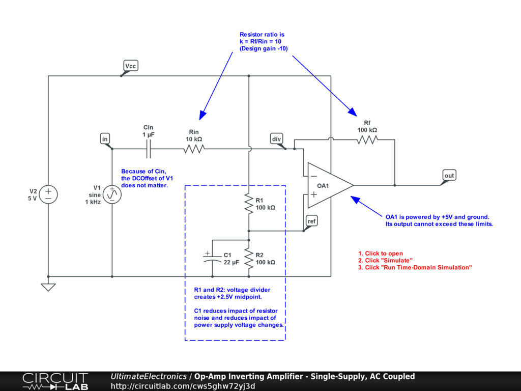 Op-Amp Inverting Amplifier - Single-Supply, AC Coupled