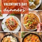 Collage of Six Vegan Valentine's Day Dinners with Text Overlay Reading "Vegan Valentine's Day Dinner Recipes"