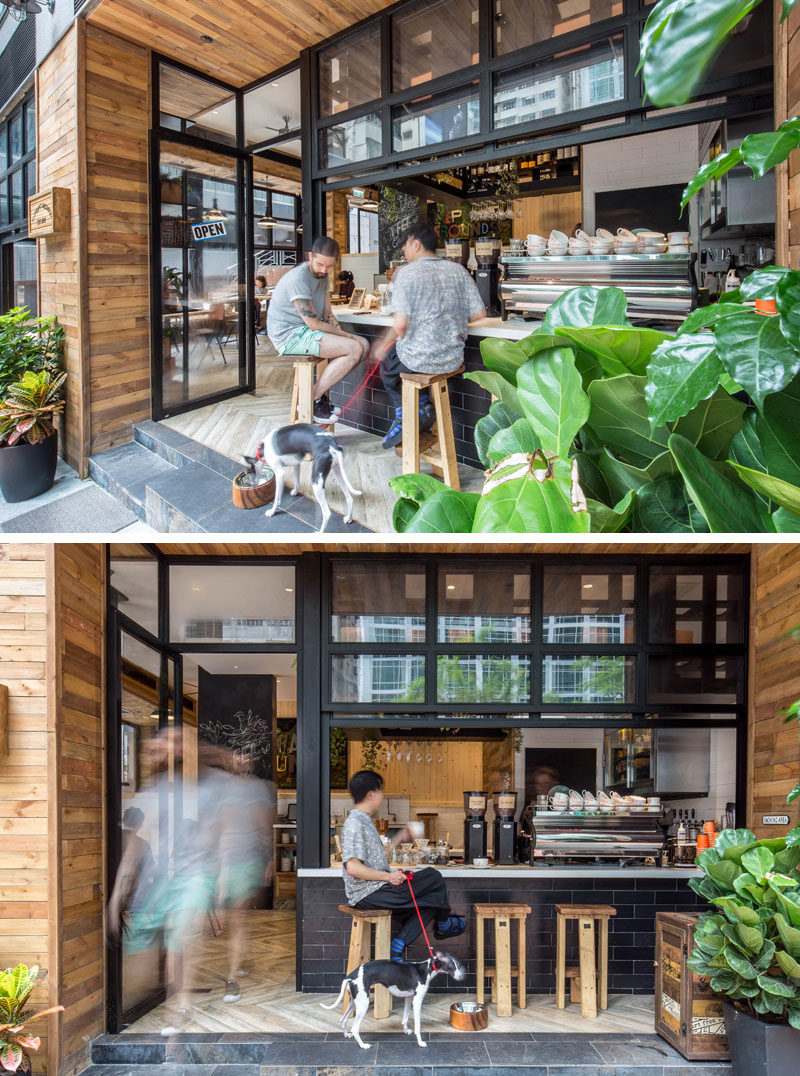 The entrance of this cafe has been pushed back almost 4 feet (1.2m), to allow for an outdoor coffee bar and to give it an al-fresco atmosphere.