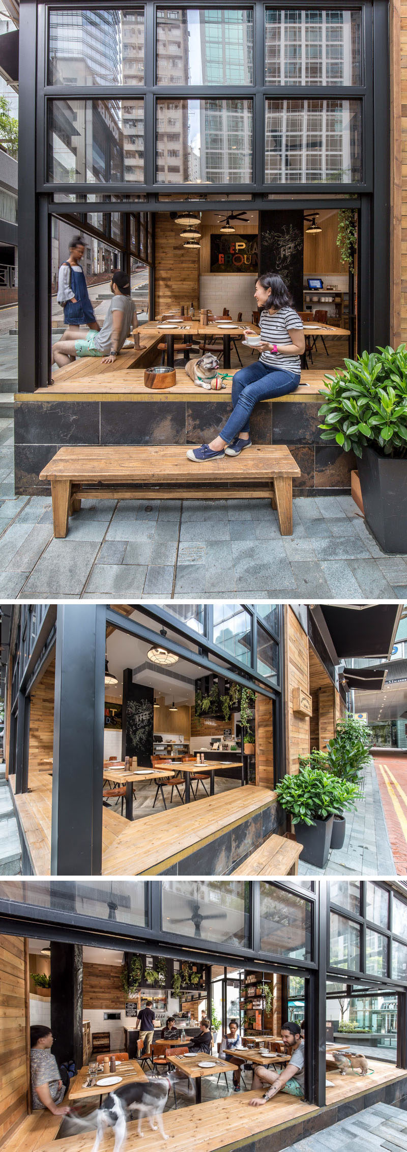 When the weather is nice, the windows of this cafe are opened up and people can choose whether they want to sit inside or on the extended sill that allows people to interact with the street.