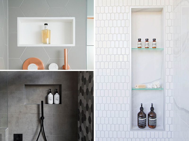 Shower Niche Ideas - A shower niche replaces the need for any caddy hanging from the shower head, a corner shelf that's hard to clean, or bottles left on the shower floor. A niche allows you to keep your shower looking clean and organized, and provide a more spa-like experience. #ShowerNiche #ShowerShelf #ShowerAlcove #ShowerNicheIdeas