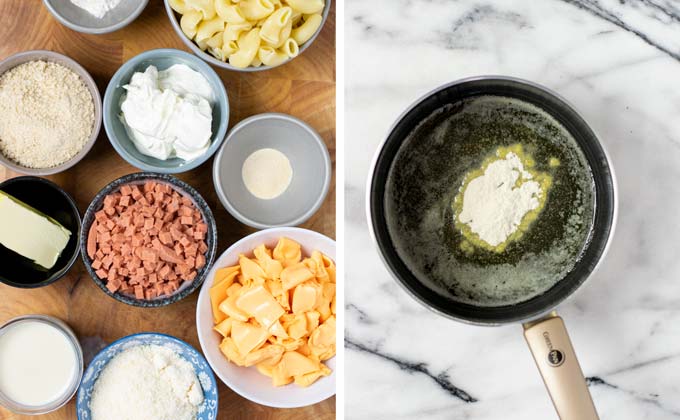 Ingredients for the Deluxe Mac and Cheese assembled on a wooden board.