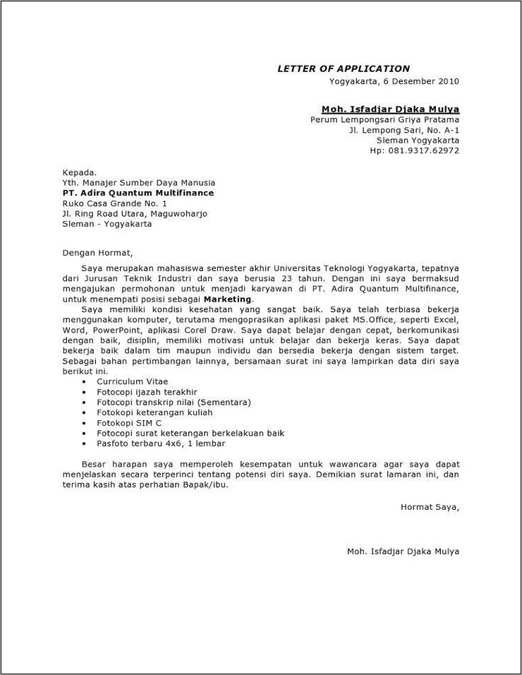 Contoh Surat Lamaran Kerja Dan Pengalaman Kerja