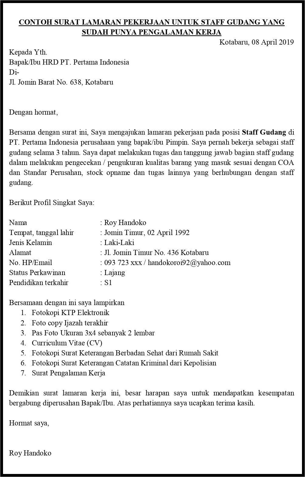 Contoh Surat Lamaran Kerja Yang Ada Pengalaman Kerja