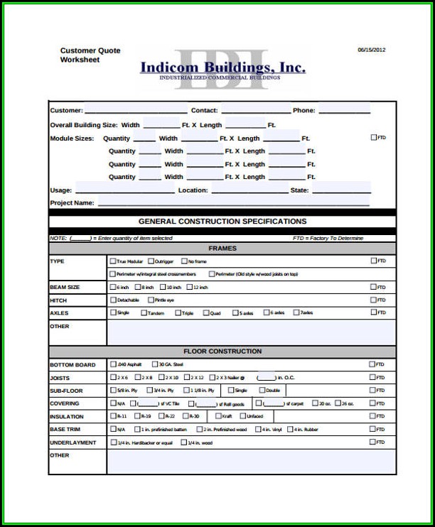 Construction Quote Template Pdf