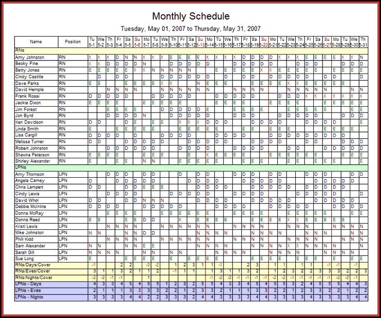 Monthly Employee Schedule Template Excel