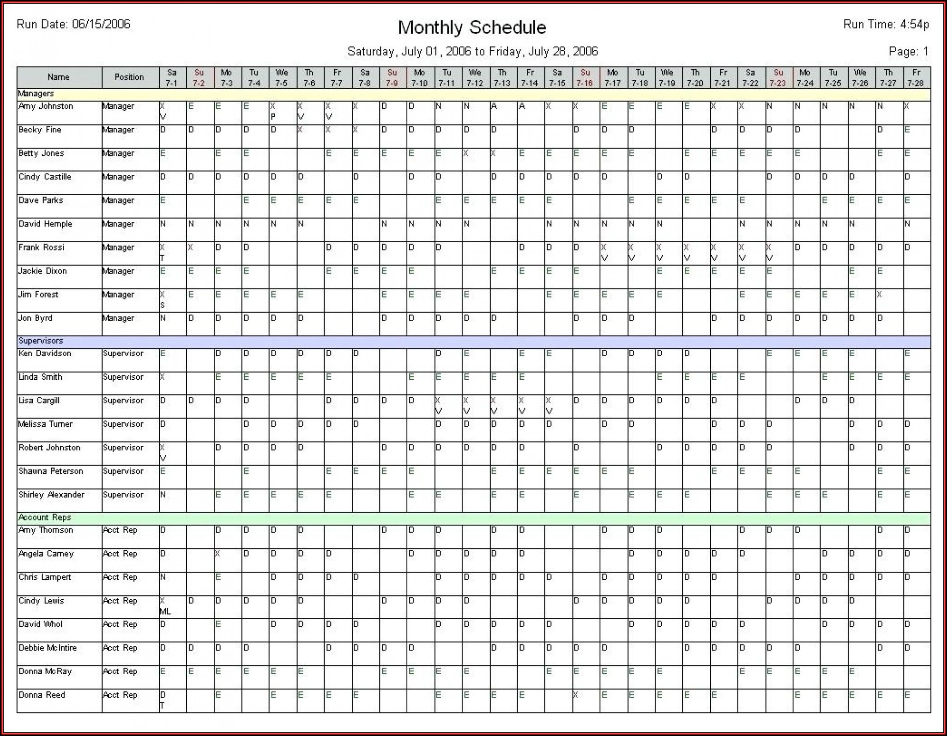 Monthly Employee Schedule Template