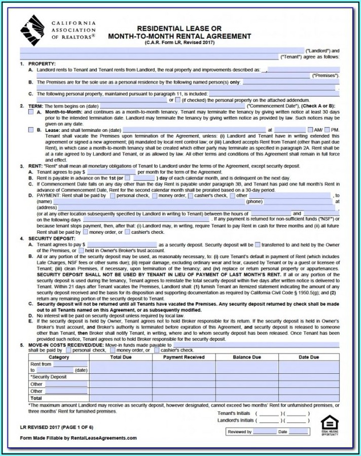 California Association Of Realtors Application To Rent Form