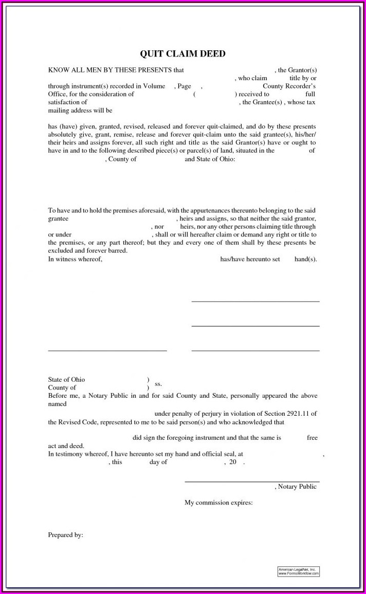 Free Printable Quit Claim Deed Form Ohio