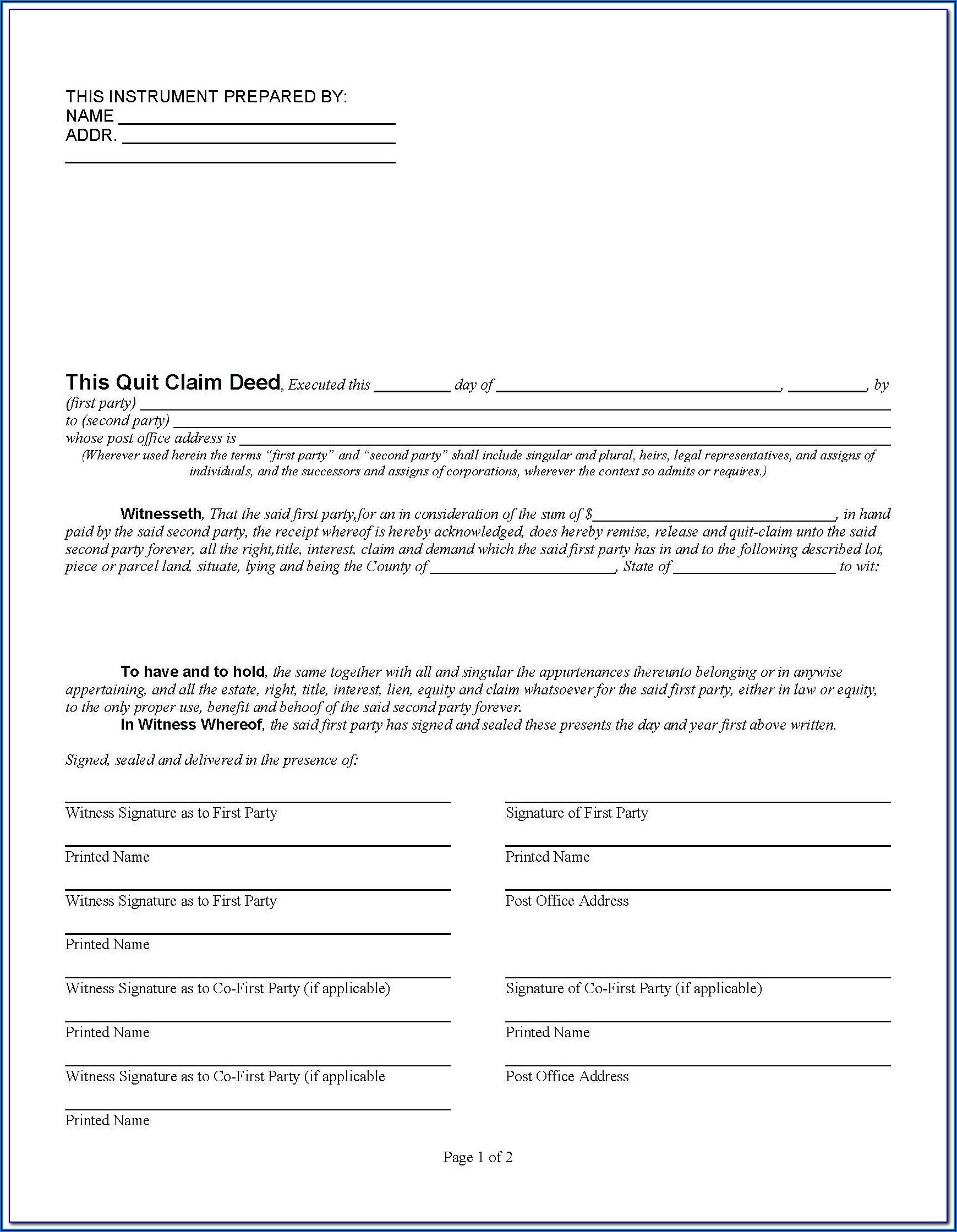 Quit Claim Deed Form Hamilton County Ohio