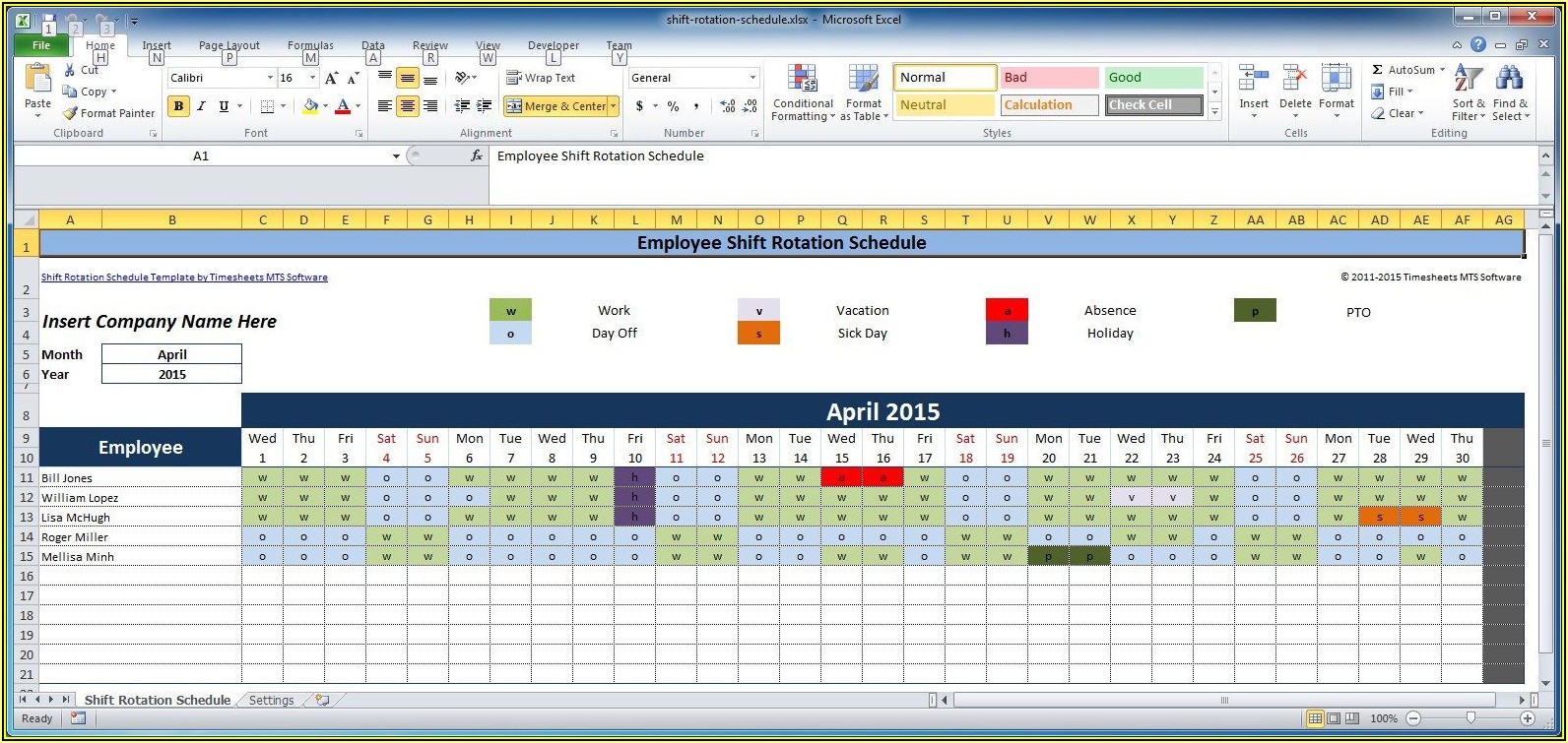 Monthly Employee Shift Schedule Template