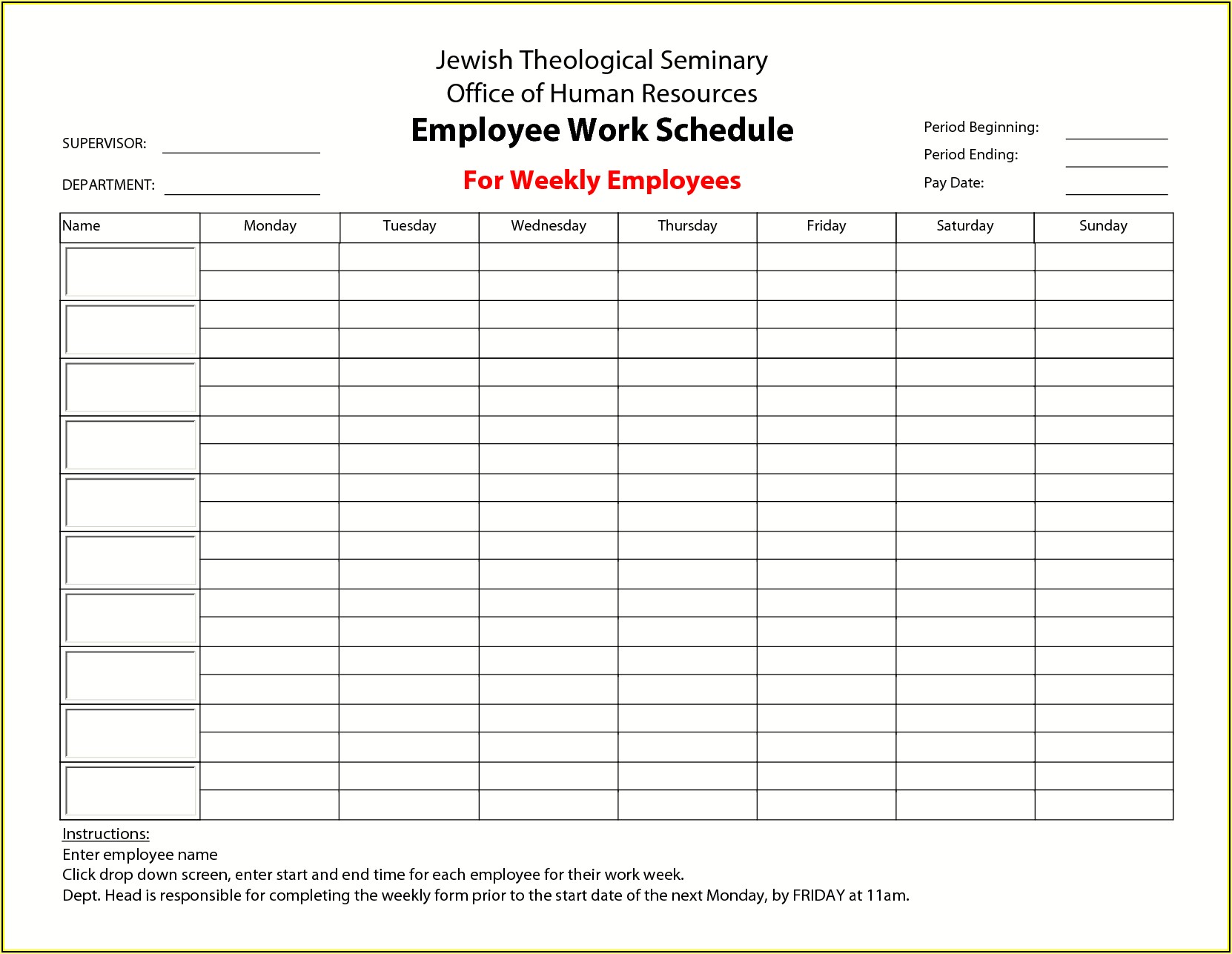 Monthly Employee Work Schedule Template