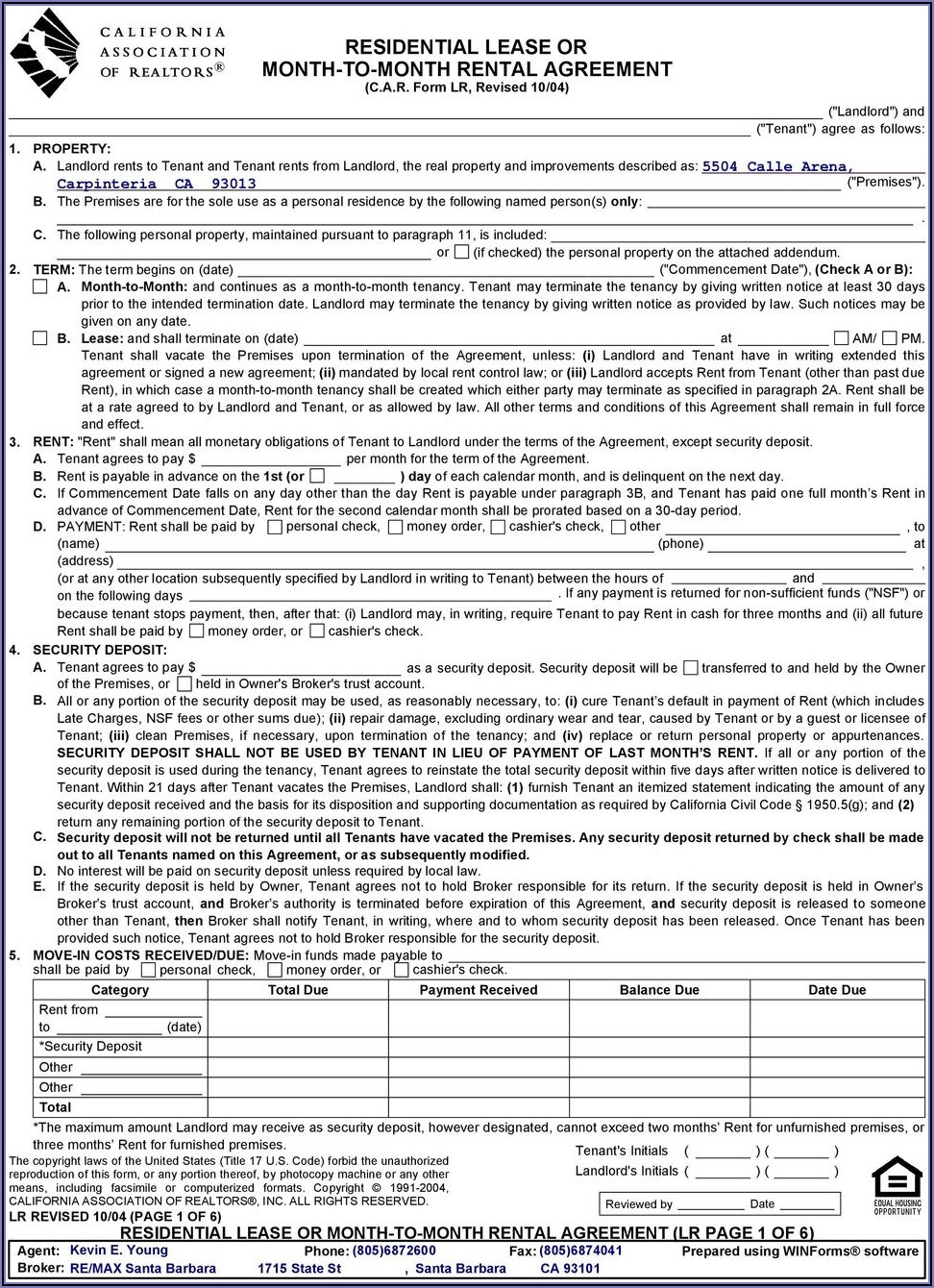 California Association Of Realtors Residential Lease Or Month To Month Rental Agreement Form