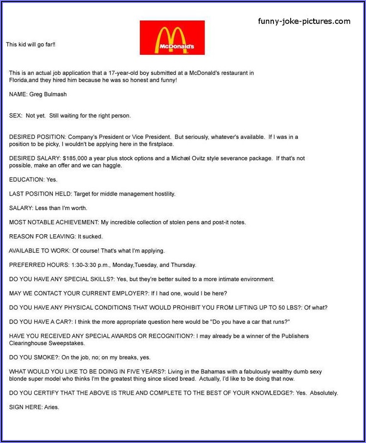 Funny Mcdonalds Job Application Form