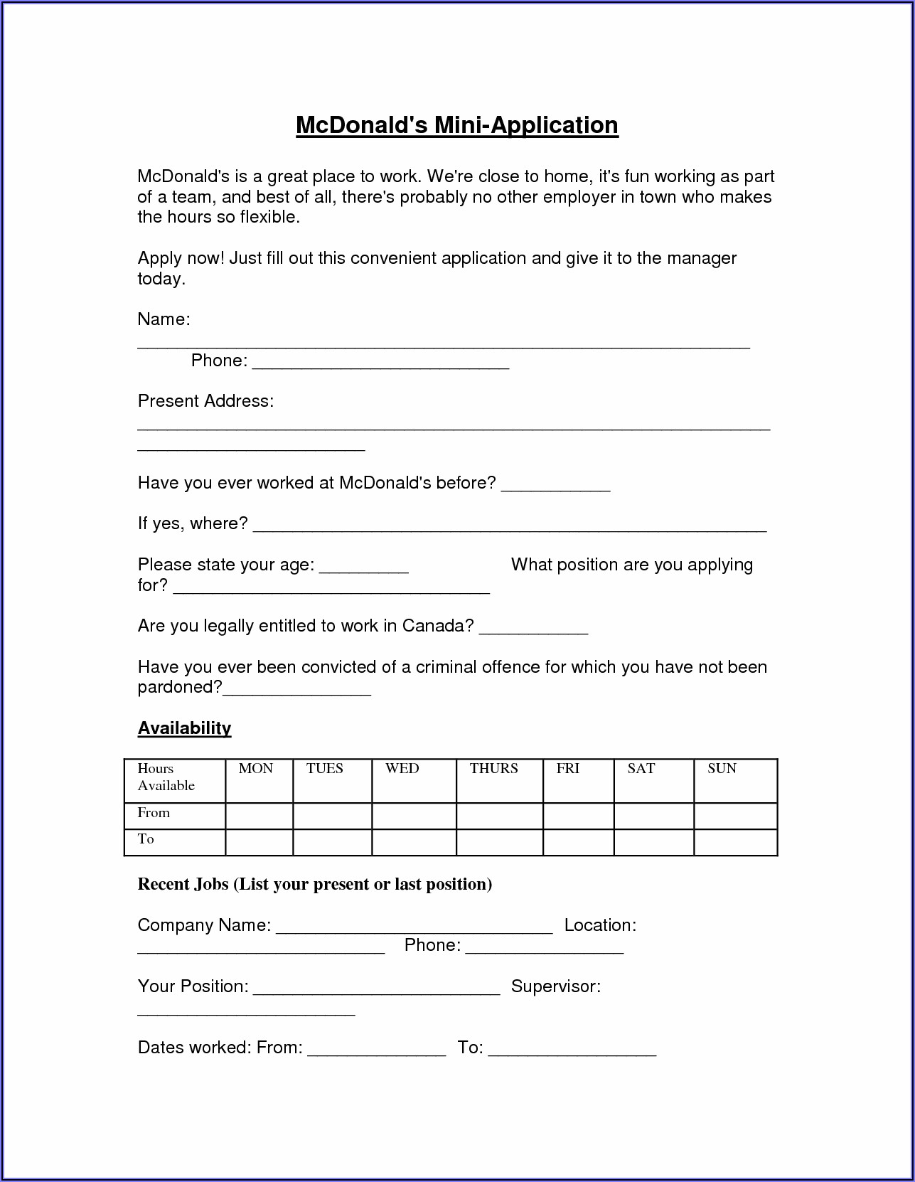 Mcdonalds Application Form Canada Pdf