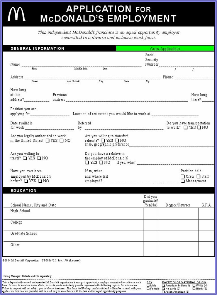 Mcdonalds Application Form Uk Pdf