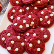 Red Velvet Cookies shown from a side angle on a platter.