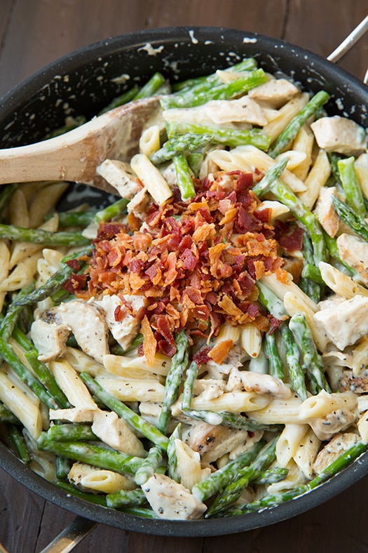 creamy chicken bacon pasta in skillet